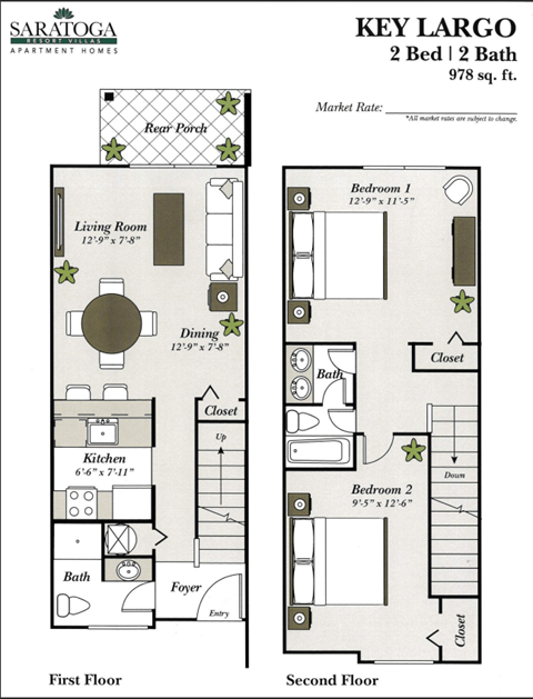 Floor plan for 2 beds, 2 baths, 978 sqft